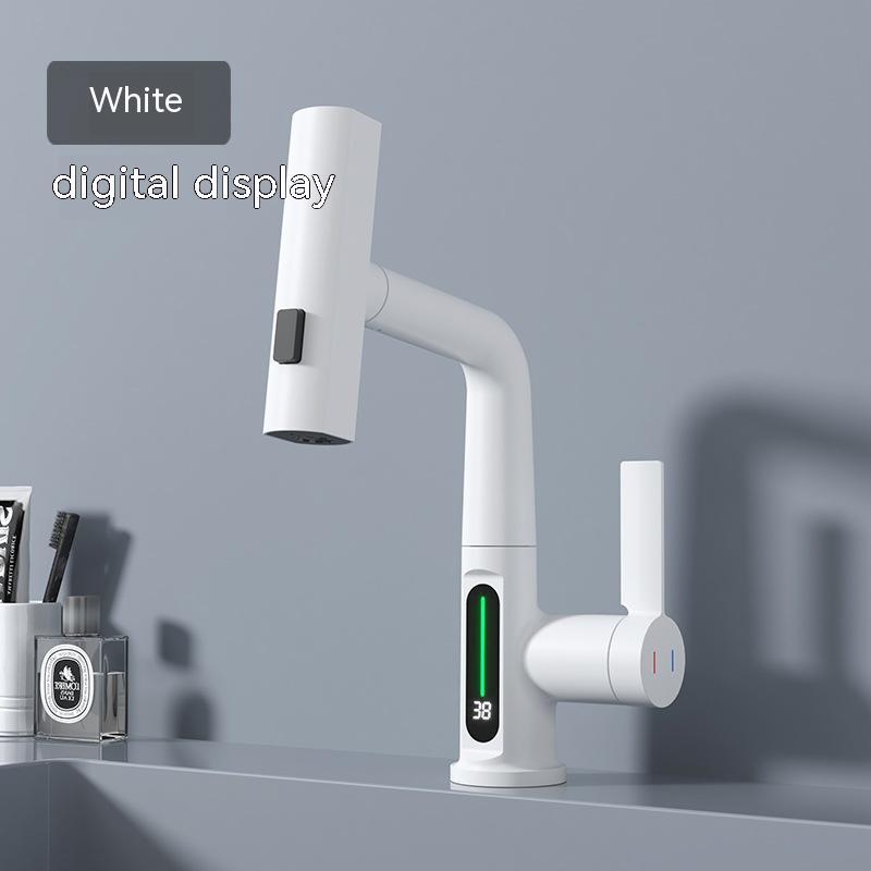 LED Temperature Display Pull-Out Kitchen Tap — 360° Swivel Copper Waterfall Faucet
