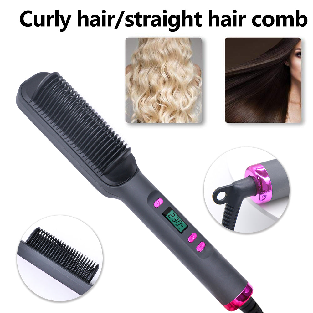 2-in-1 Ionic Hair Straightener & Curling Comb — Ceramic PTC with LCD Option
