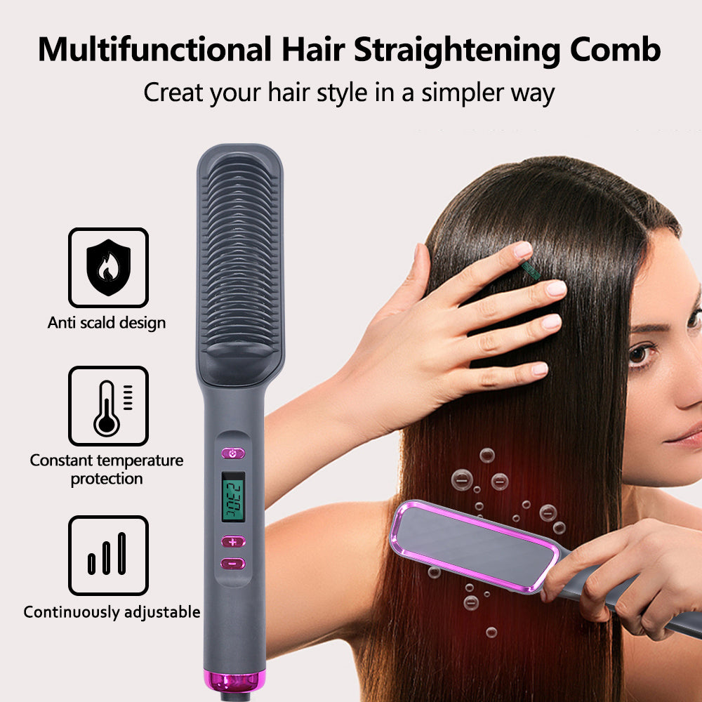 2-in-1 Ionic Hair Straightener & Curling Comb — Ceramic PTC with LCD Option