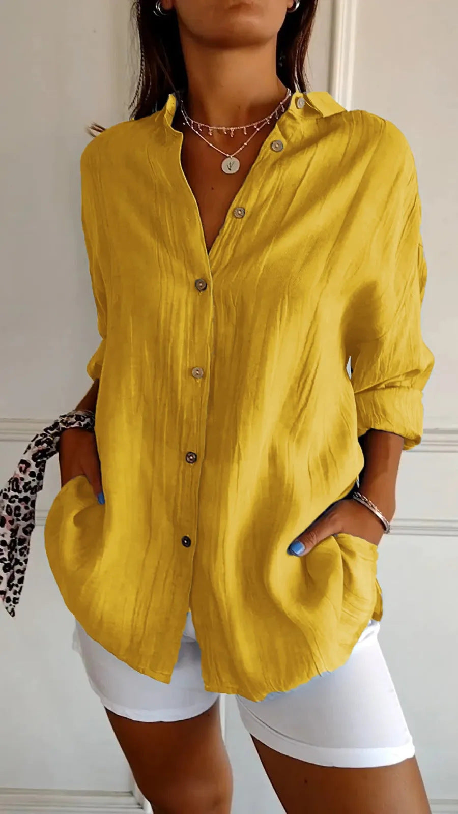 Women's Loose Long Sleeve Button-Up Shirt — Pleated Lapel Collar Tops S–5XL