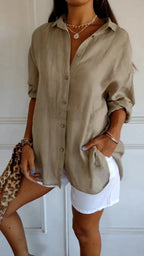 Women's Loose Long Sleeve Button-Up Shirt — Pleated Lapel Collar Tops S–5XL