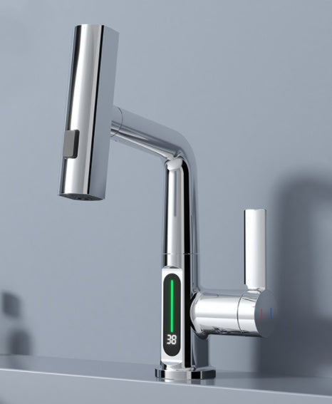 LED Temperature Display Pull-Out Kitchen Tap — 360° Swivel Copper Waterfall Faucet
