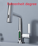LED Temperature Display Pull-Out Kitchen Tap — 360° Swivel Copper Waterfall Faucet