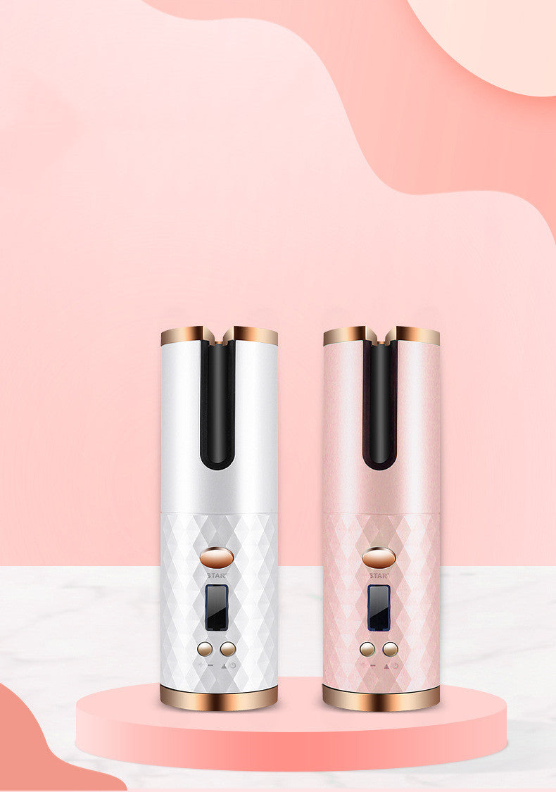 Automatic hair curler in rose gold and white — front view