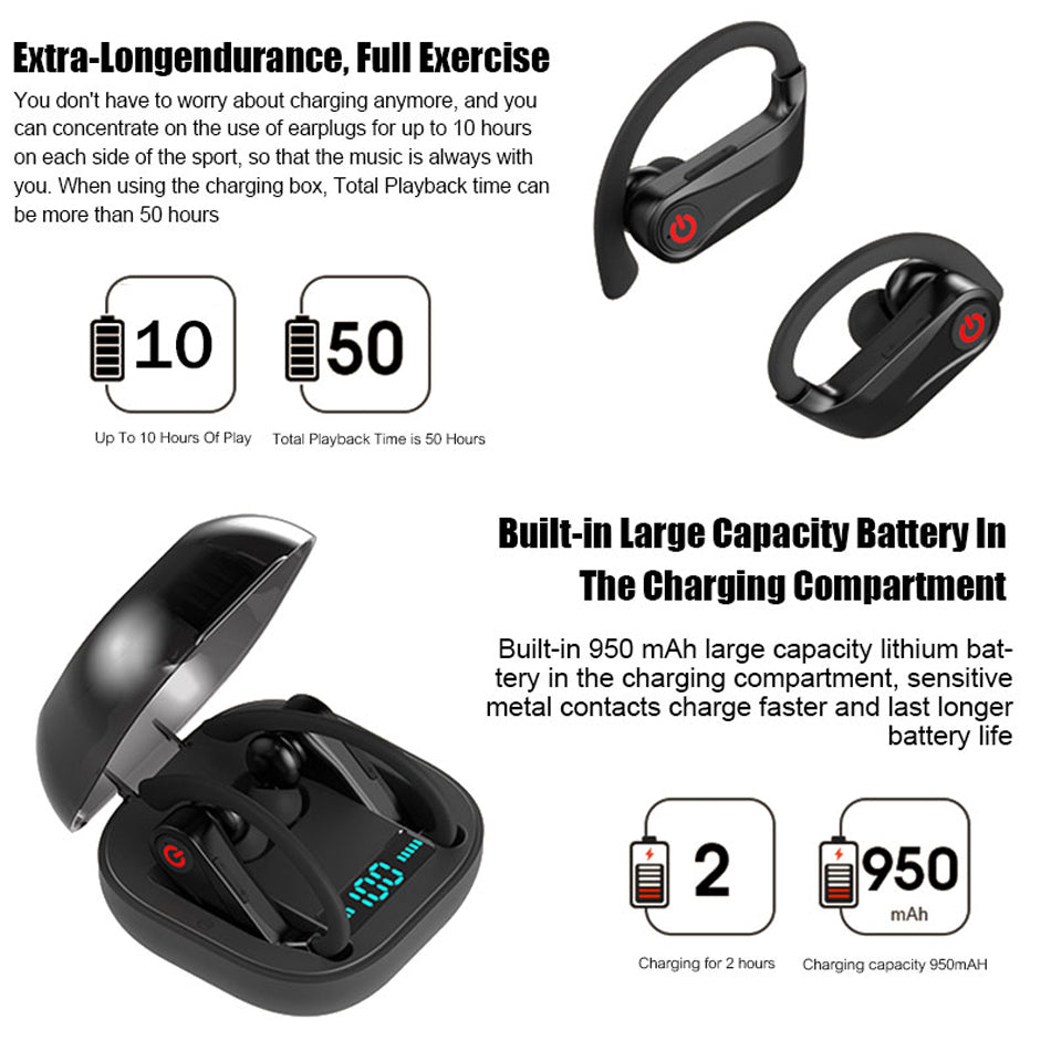 Wireless Bluetooth Headset with Subwoofer Bass — Single Ear Earpiece 10Hr Battery