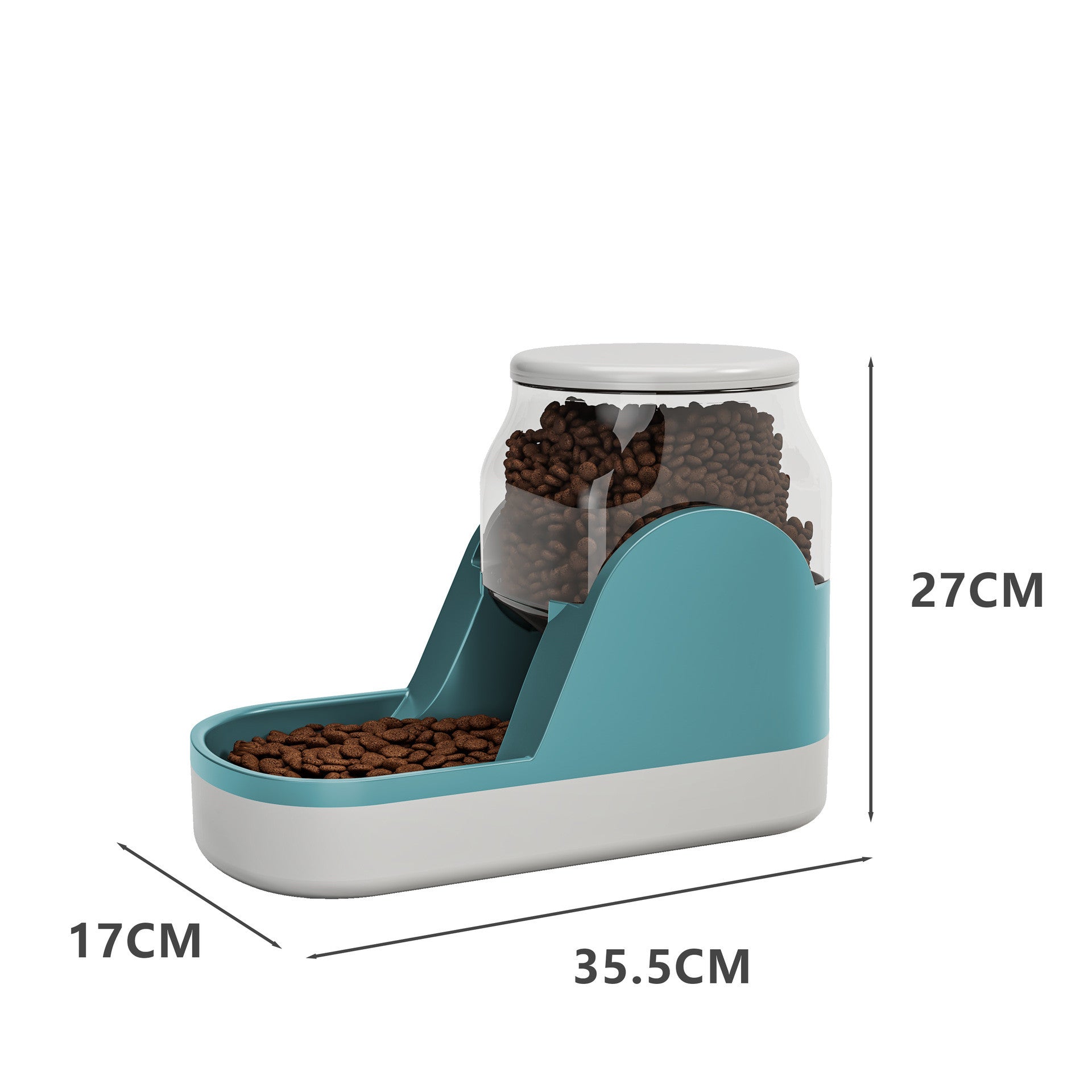 Automatic pet feeder in blue — front view with dimensions 35.5x27x17cm