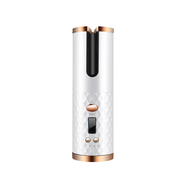 Cordless hair curler in grey and gold — side profile view