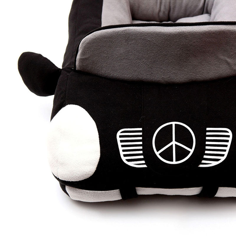 Luxury car-shaped pet nest in black — plush bed for cats and small dogs close front view