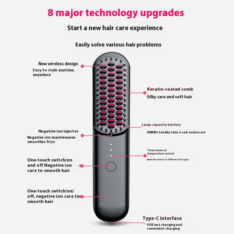 Cordless 2-in-1 Hair Curler & Straightener Comb — Ionic Wireless Styling Tool