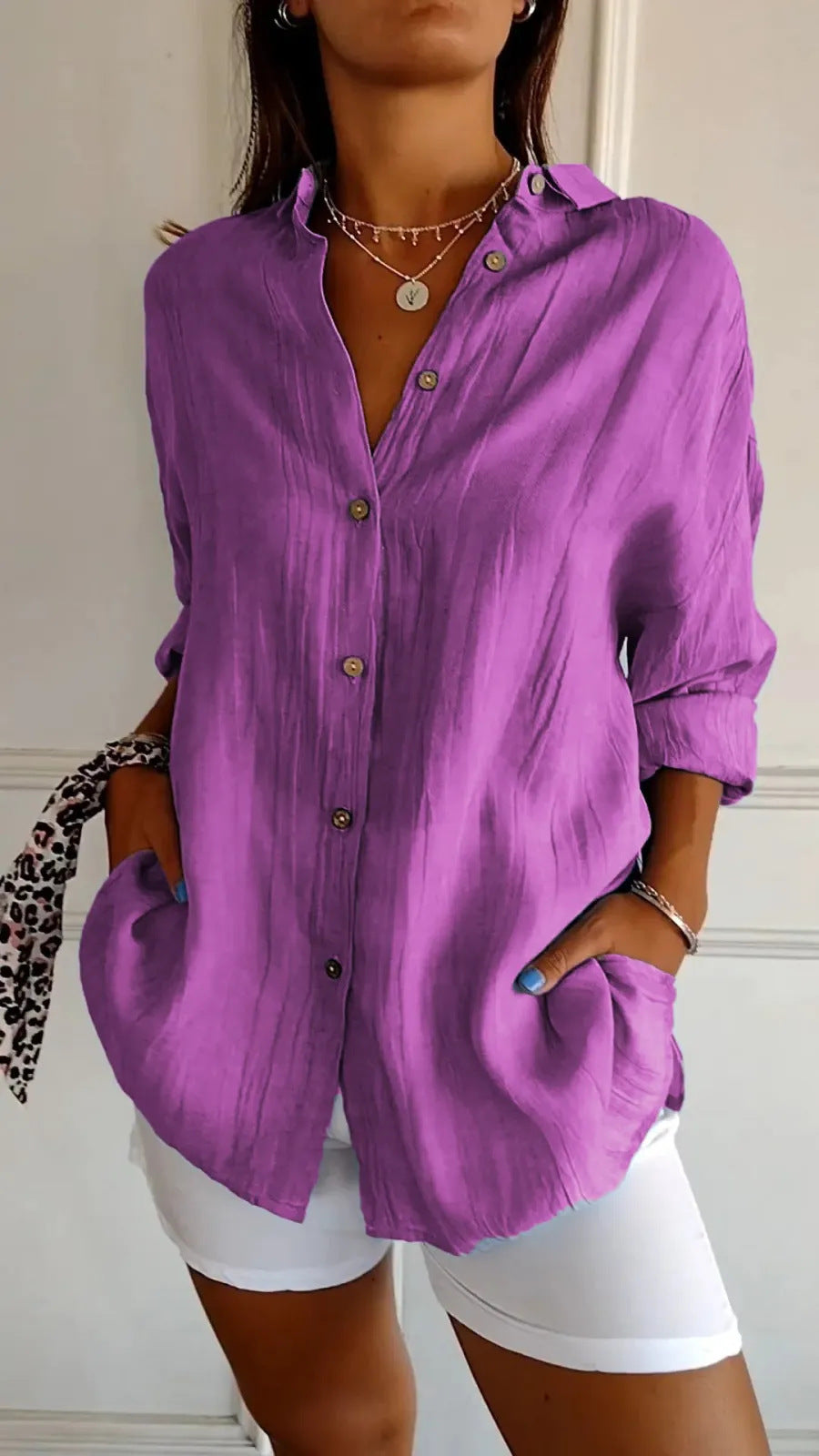 Women's Loose Long Sleeve Button-Up Shirt — Pleated Lapel Collar Tops S–5XL