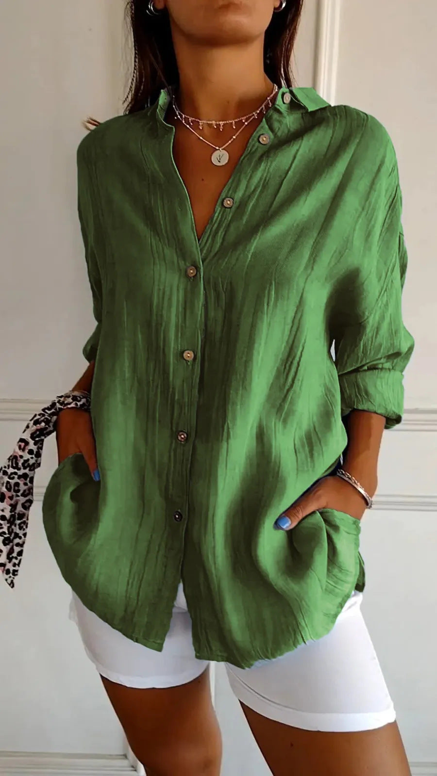Women's Loose Long Sleeve Button-Up Shirt — Pleated Lapel Collar Tops S–5XL