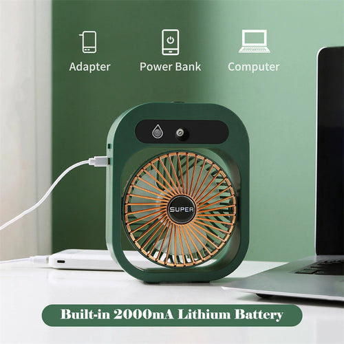 2-in-1 USB Misting Fan & Humidifier — 3 Speed Desk Spray Cooling Fan Green/White