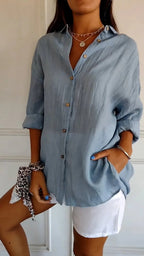 Women's Loose Long Sleeve Button-Up Shirt — Pleated Lapel Collar Tops S–5XL