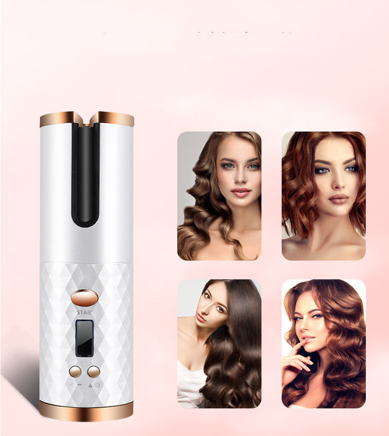 Four hairstyle results showing curl variations achieved with automatic curler