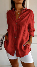 Women's Loose Long Sleeve Button-Up Shirt — Pleated Lapel Collar Tops S–5XL