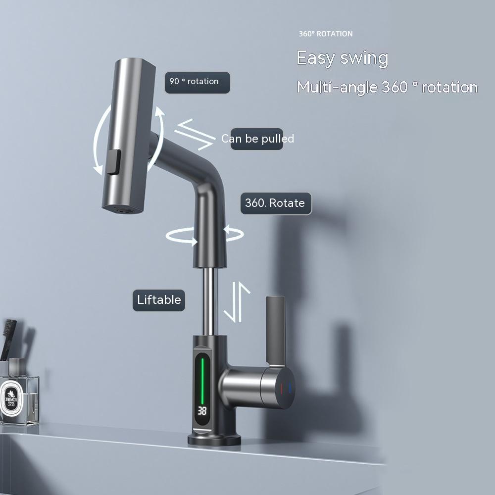 LED Temperature Display Pull-Out Kitchen Tap — 360° Swivel Copper Waterfall Faucet