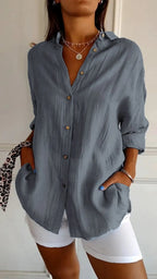 Women's Loose Long Sleeve Button-Up Shirt — Pleated Lapel Collar Tops S–5XL