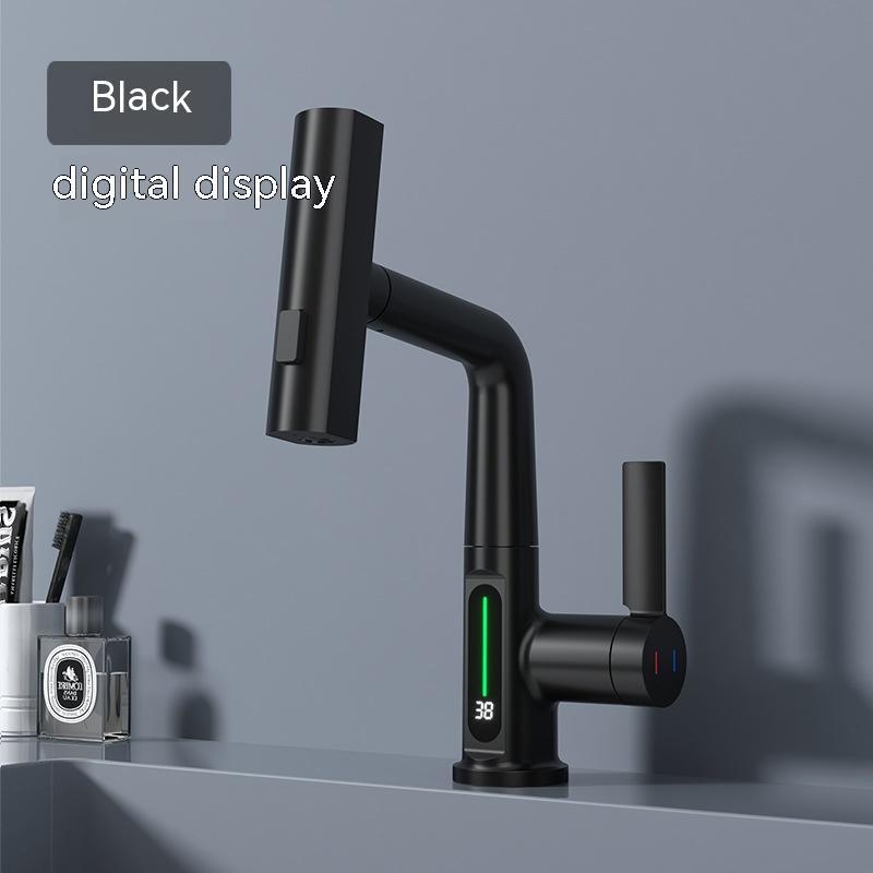 LED Temperature Display Pull-Out Kitchen Tap — 360° Swivel Copper Waterfall Faucet