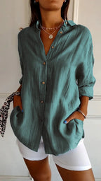 Women's Loose Long Sleeve Button-Up Shirt — Pleated Lapel Collar Tops S–5XL