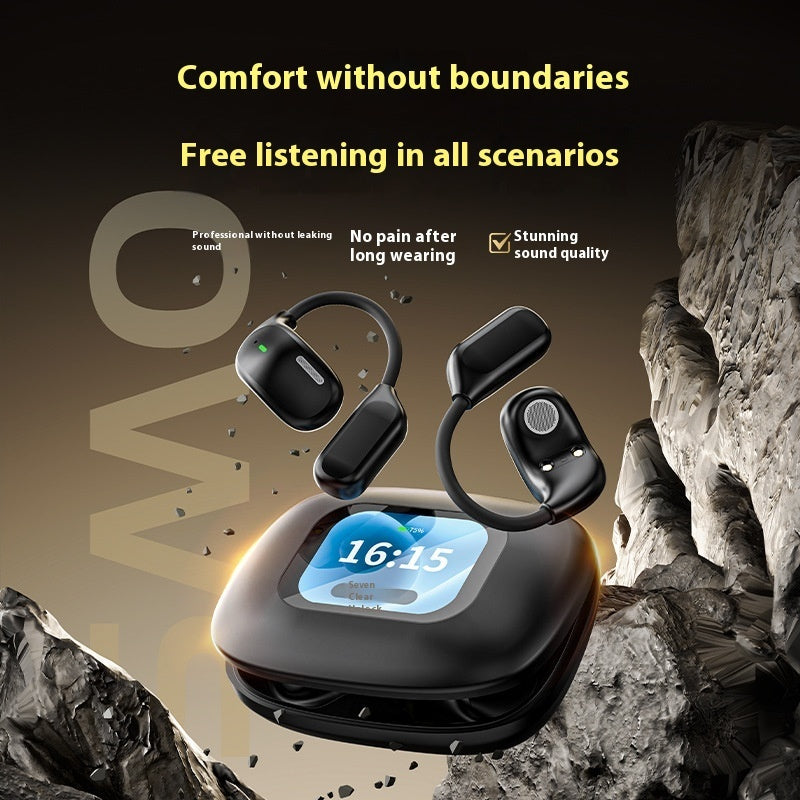 OWS open-ear Bluetooth earphones with charging case — lifestyle promotional shot