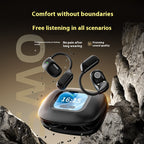 OWS open-ear Bluetooth earphones with charging case — lifestyle promotional shot
