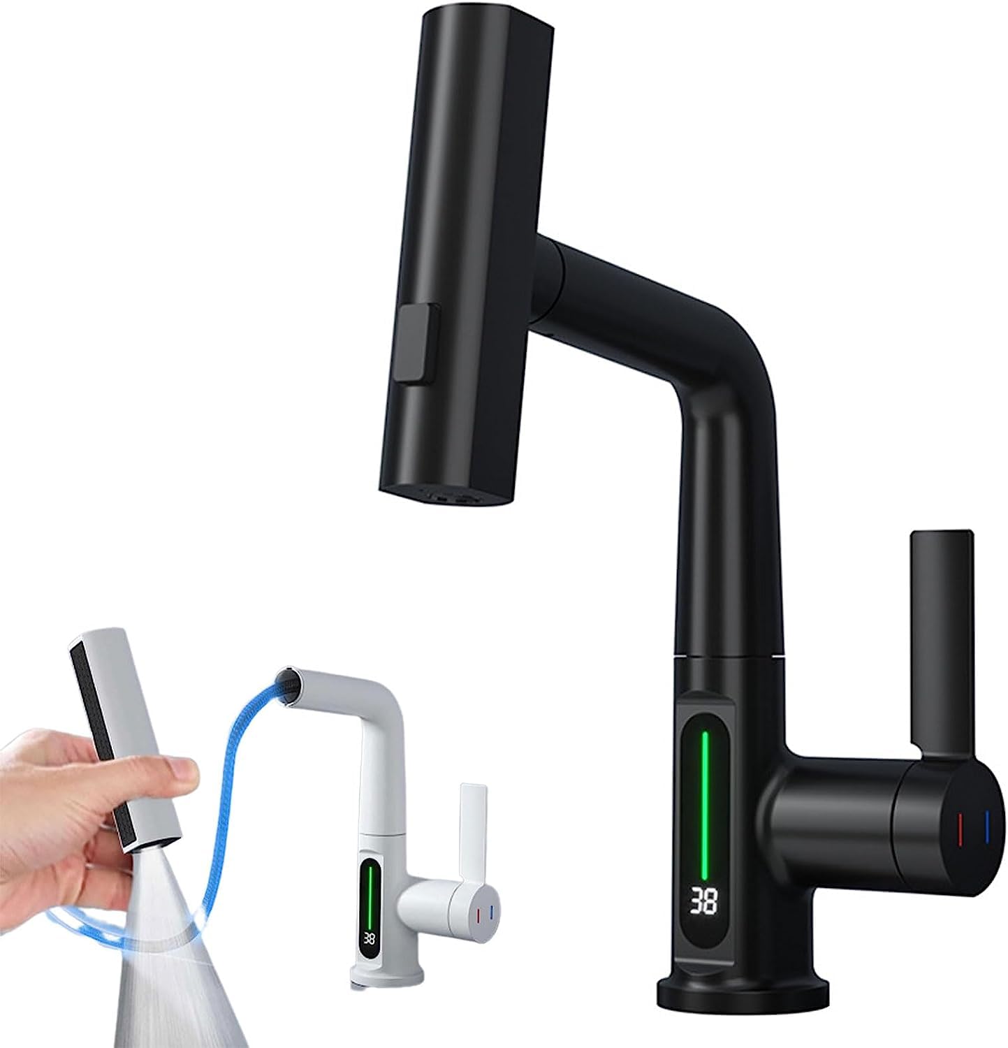 LED Temperature Display Pull-Out Kitchen Tap — 360° Swivel Copper Waterfall Faucet