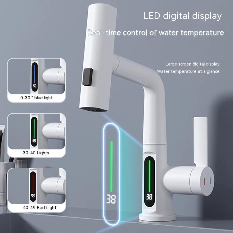 LED Temperature Display Pull-Out Kitchen Tap — 360° Swivel Copper Waterfall Faucet