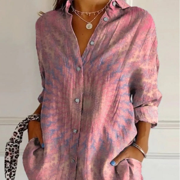 Women's Loose Long Sleeve Button-Up Shirt — Pleated Lapel Collar Tops S–5XL