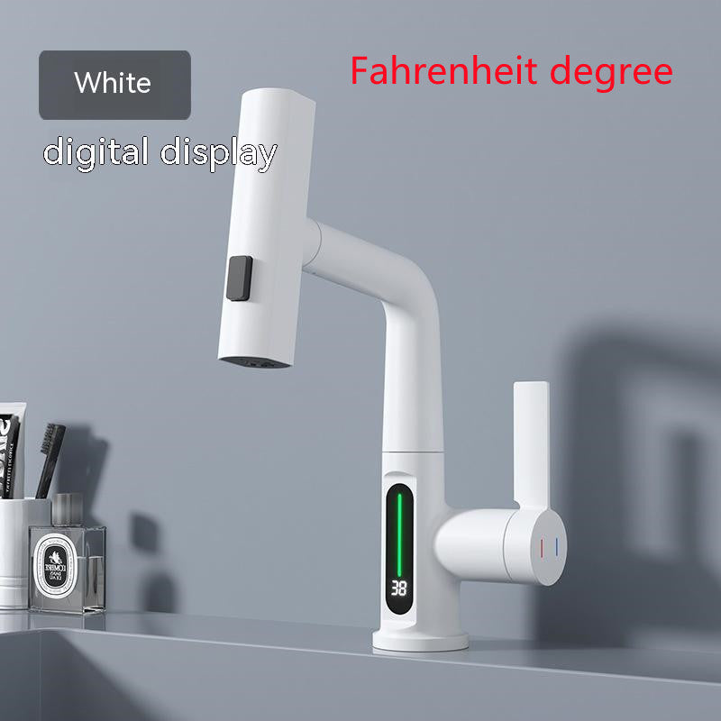 LED Temperature Display Pull-Out Kitchen Tap — 360° Swivel Copper Waterfall Faucet