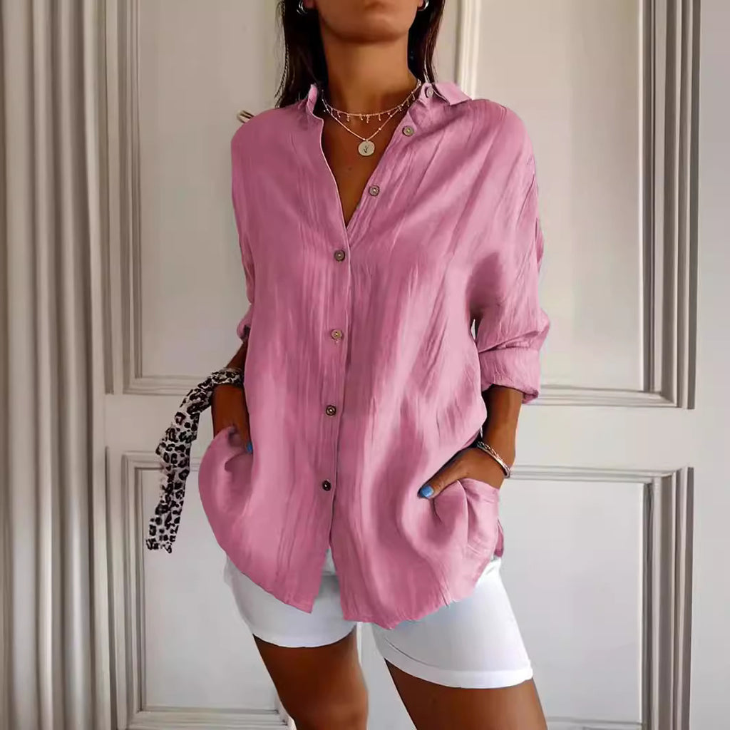 Women's Loose Long Sleeve Button-Up Shirt — Pleated Lapel Collar Tops S–5XL