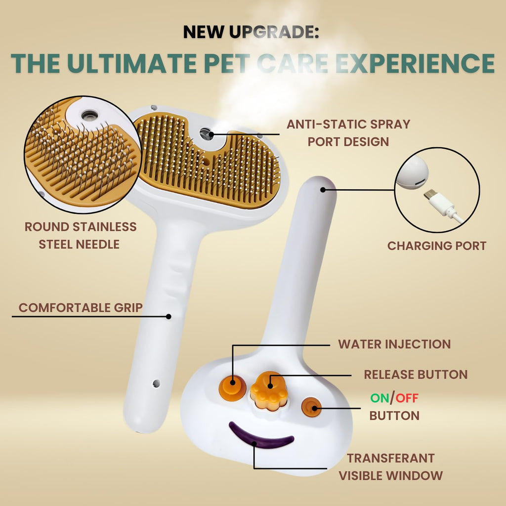Steam Spray Pet Grooming Brush — Self-Cleaning Slicker for Cats & Dogs