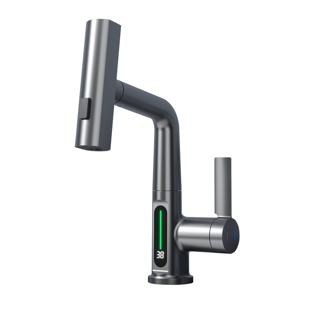 LED Temperature Display Pull-Out Kitchen Tap — 360° Swivel Copper Waterfall Faucet