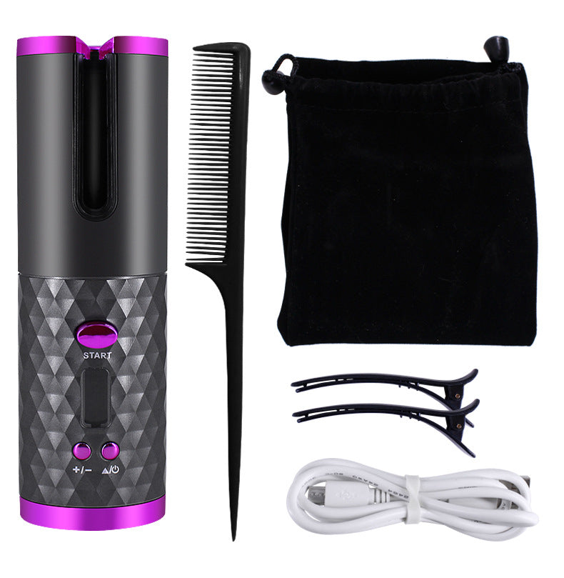 Hair curler accessories — comb, clips, USB charging cable and storage pouc