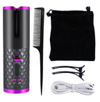 Hair curler accessories — comb, clips, USB charging cable and storage pouc