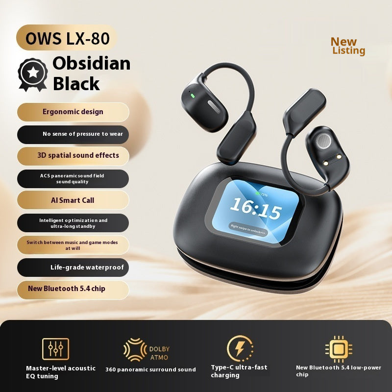OWS earphones charging case with power display screen — front view