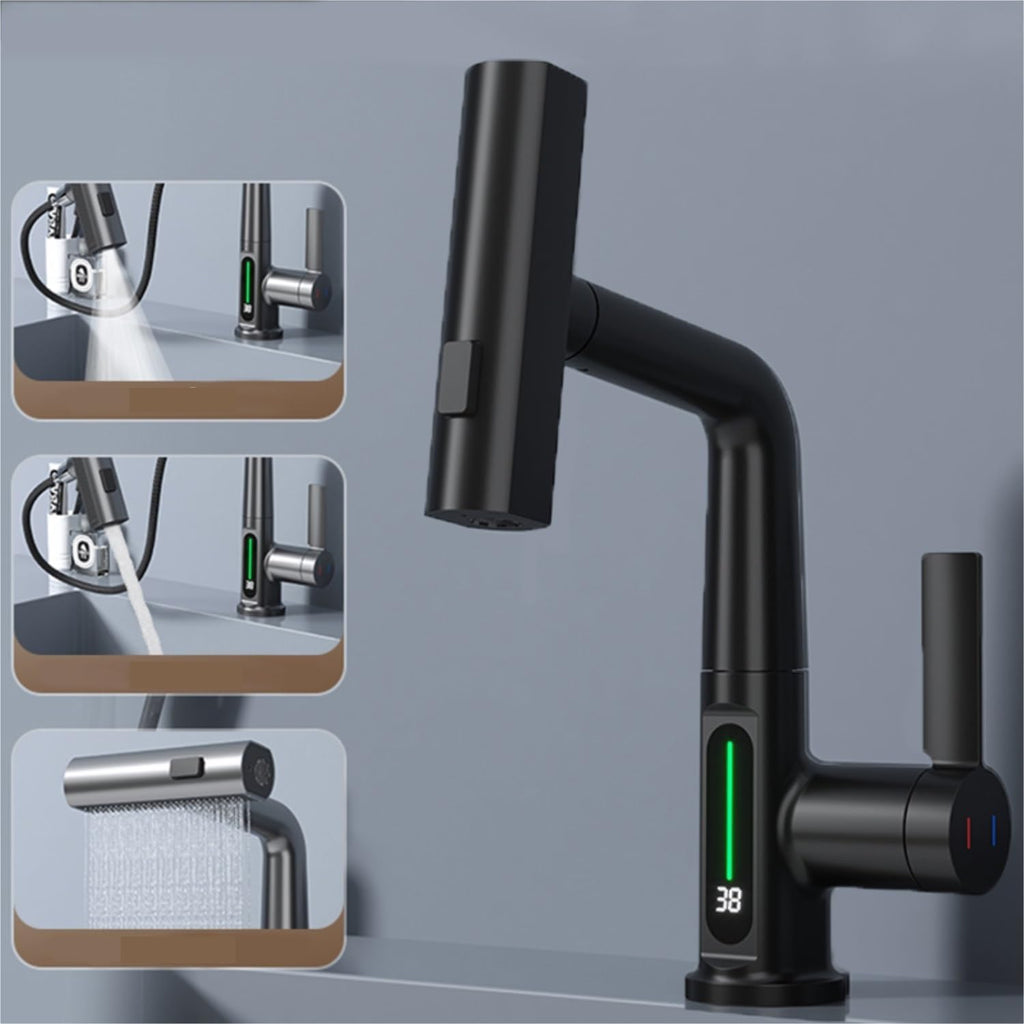 LED Temperature Display Pull-Out Kitchen Tap — 360° Swivel Copper Waterfall Faucet