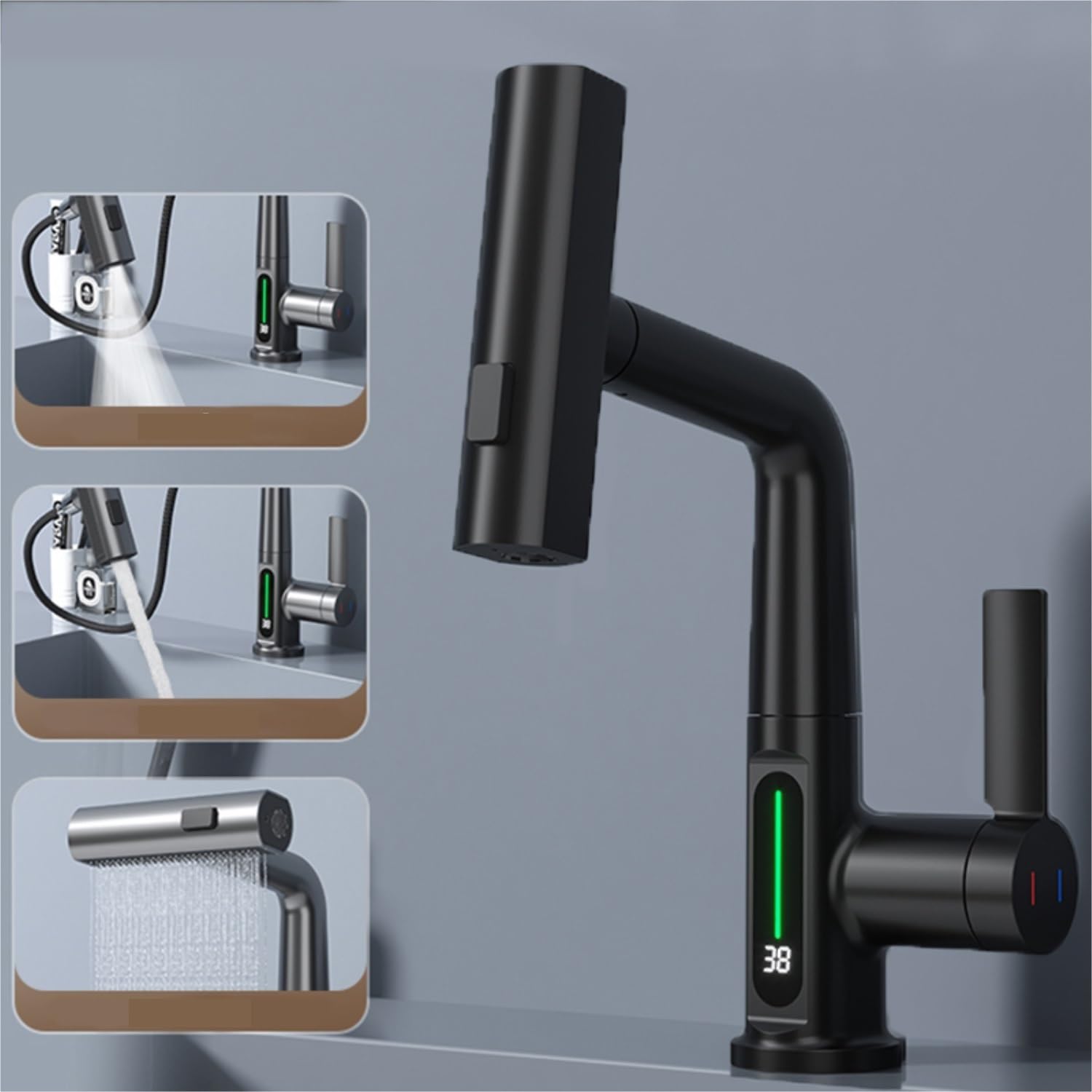 LED Temperature Display Pull-Out Kitchen Tap — 360° Swivel Copper Waterfall Faucet