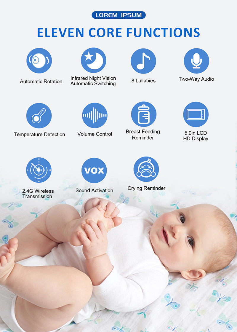 HD Wireless Baby Monitor — 5-inch 720p Screen with Cry Detection & Temperature