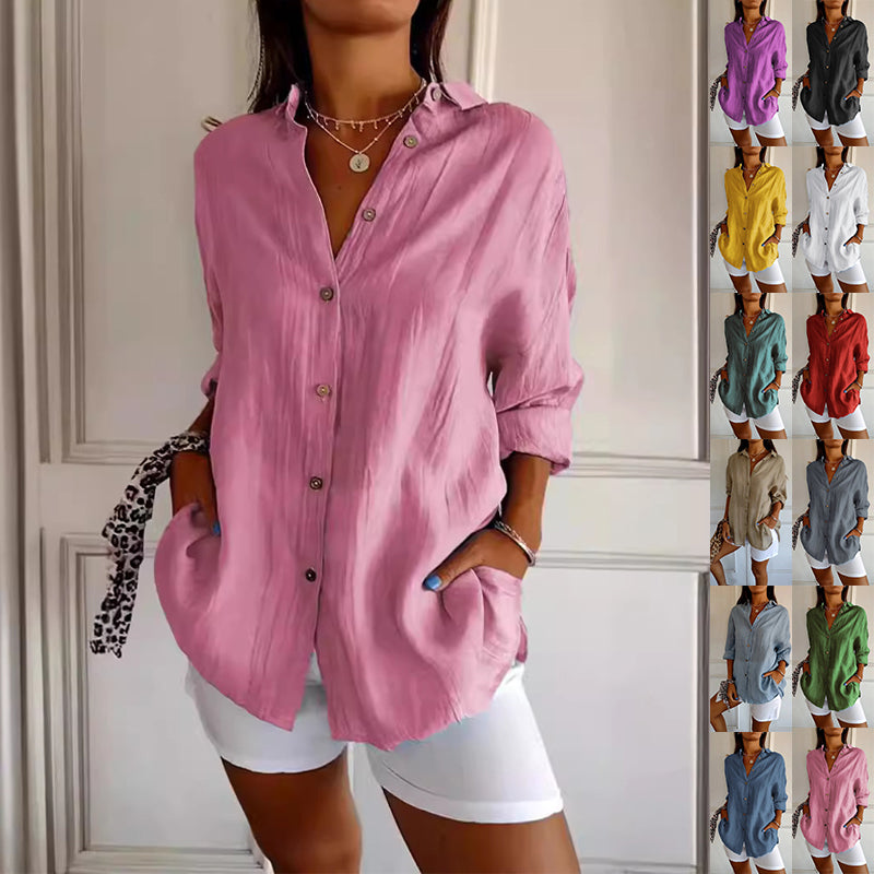 Women's Loose Long Sleeve Button-Up Shirt — Pleated Lapel Collar Tops S–5XL