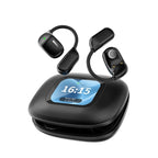 OWS open-ear Bluetooth earphones and charging case on white background