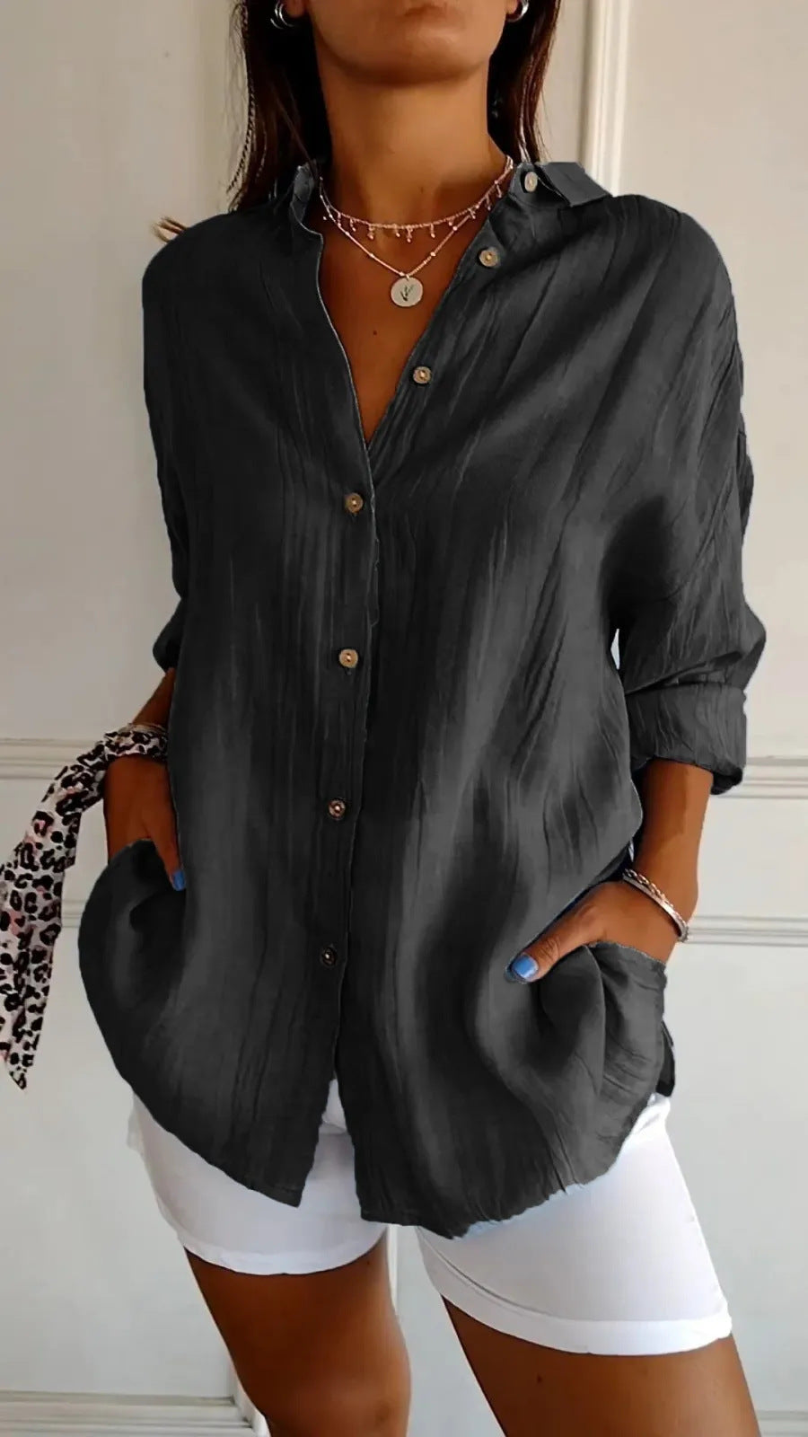 Women's Loose Long Sleeve Button-Up Shirt — Pleated Lapel Collar Tops S–5XL