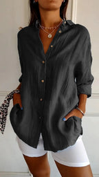 Women's Loose Long Sleeve Button-Up Shirt — Pleated Lapel Collar Tops S–5XL