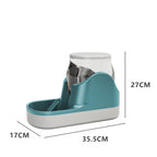 Automatic pet feeder in teal green — front view with dimensions