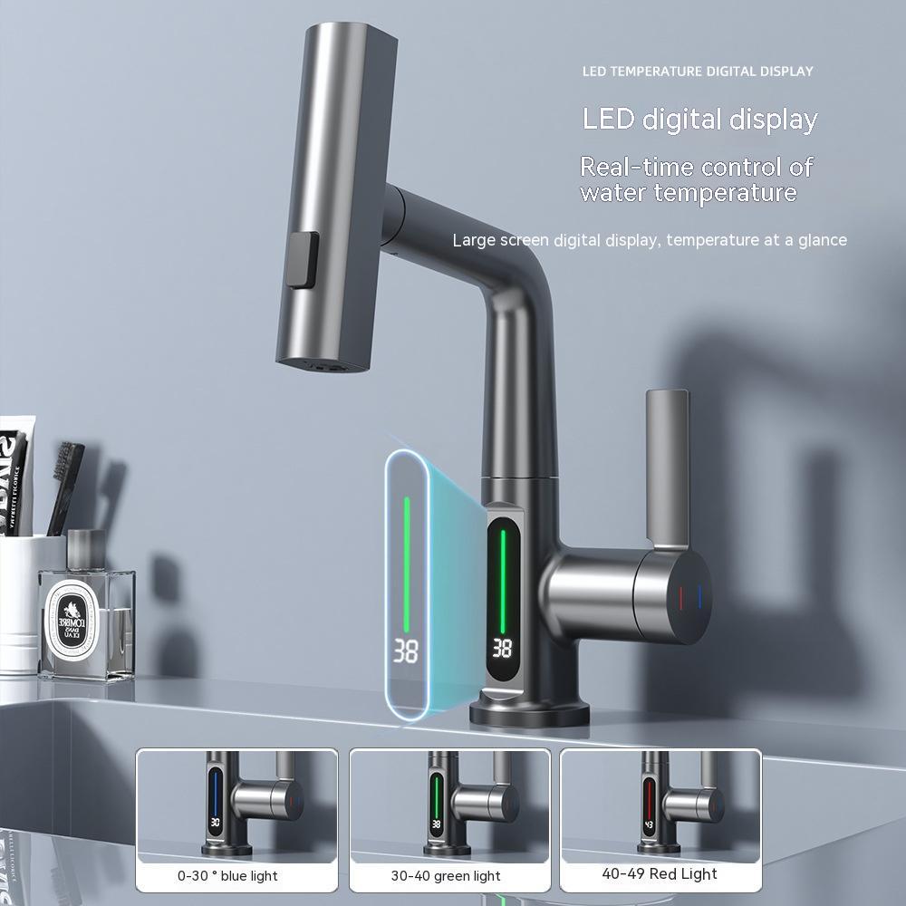 LED Temperature Display Pull-Out Kitchen Tap — 360° Swivel Copper Waterfall Faucet