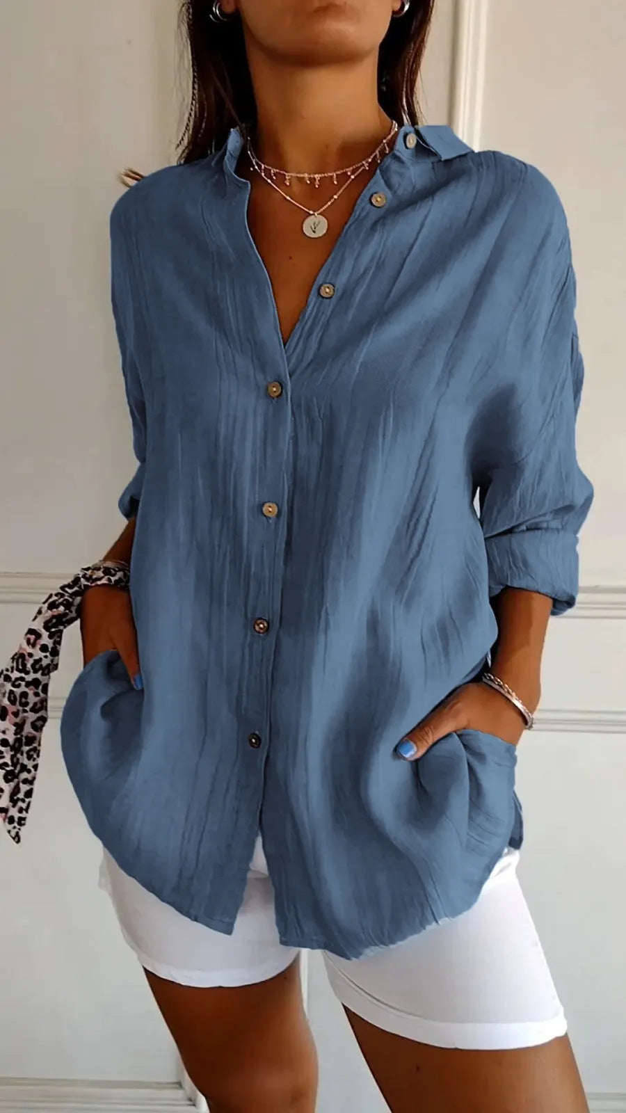 Women's Loose Long Sleeve Button-Up Shirt — Pleated Lapel Collar Tops S–5XL