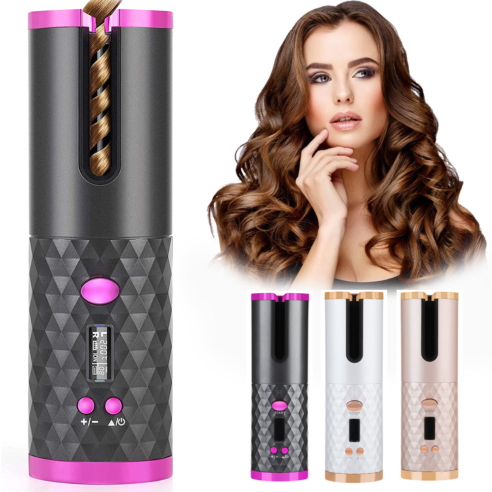 Cordless automatic hair curler in use — woman with voluminous curls lifestyle shot