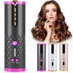 Cordless automatic hair curler in use — woman with voluminous curls lifestyle shot