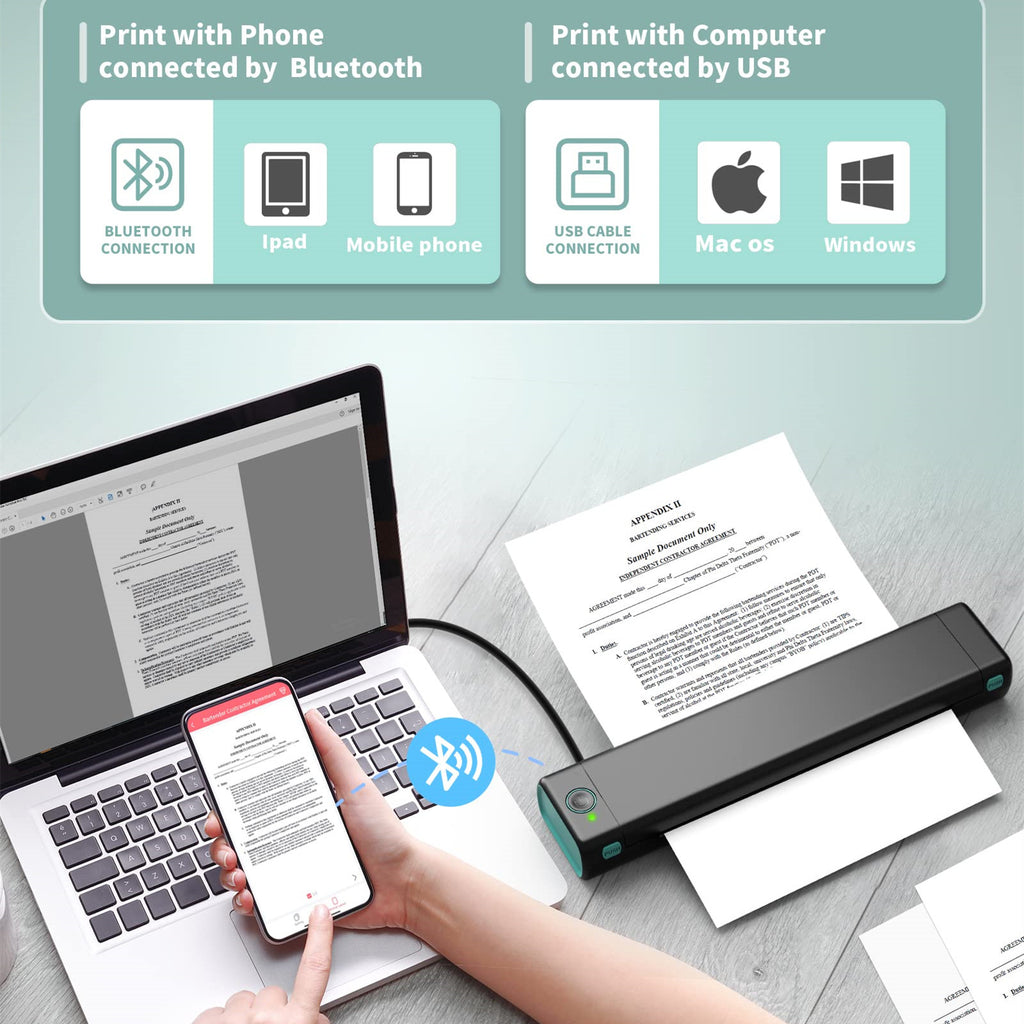 Imprimante thermique portable Bluetooth Phomemo M08F A4 — Imprimante de bureau mobile sans fil