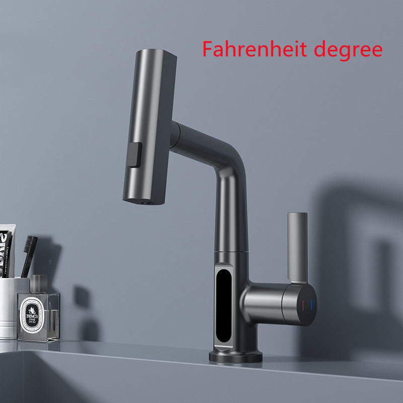 LED Temperature Display Pull-Out Kitchen Tap — 360° Swivel Copper Waterfall Faucet