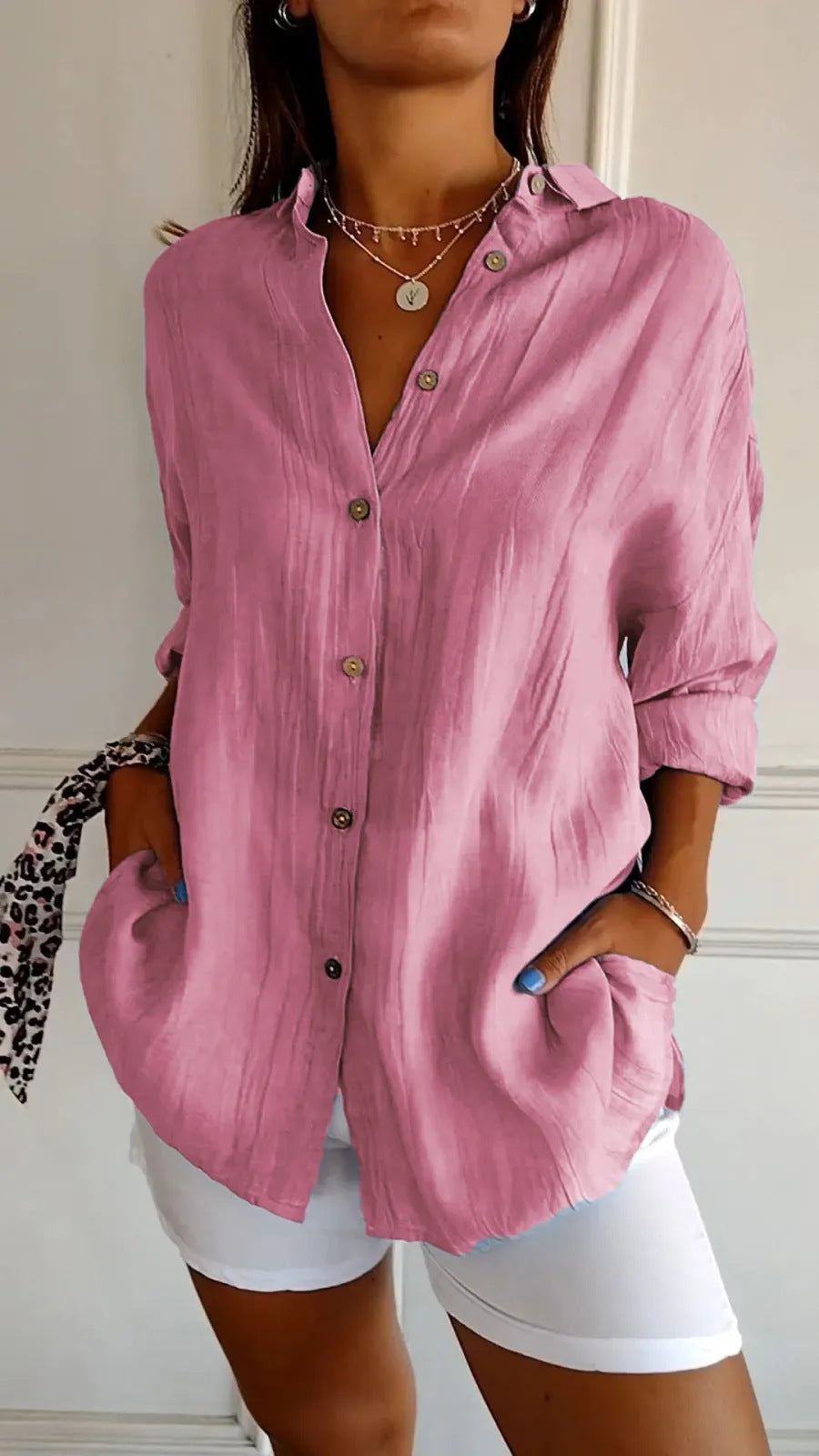 Women's Loose Long Sleeve Button-Up Shirt — Pleated Lapel Collar Tops S–5XL